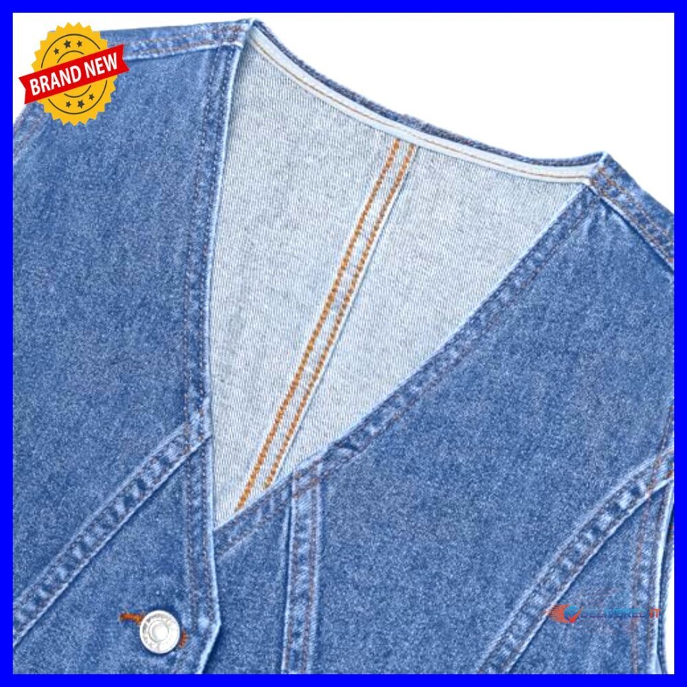 Large Denim Vest V-Neck Button Down Sleeveless Casual Top - Picture 3 of 7